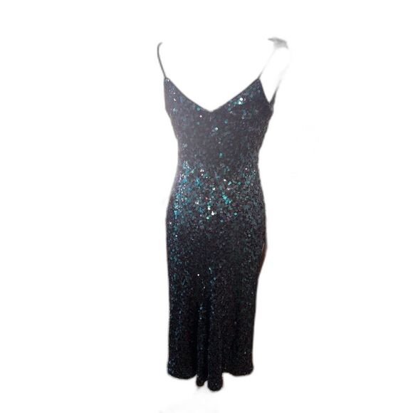 Badgley Mischka Sequin Cocktail Dress Sz 6 Teal Blue V-Neck Sleeveless Party - Picture 6 of 13